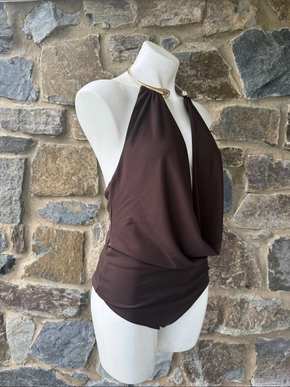 NWT Zara Brown Gold Hardware Halter Drape One Piece Swimsuit Size Small